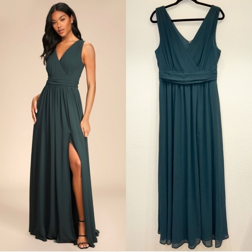 Size L - NWOT Lulus Thoughts of Hue Emerald Green Surplice‎ Maxi Dress